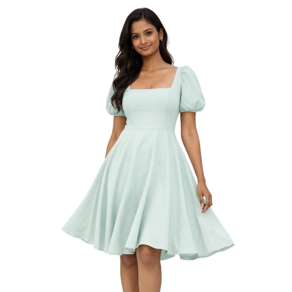 She + Sky Mint Green Puff Sleeve Square Neck Fit and Flare Skater Dress Medium